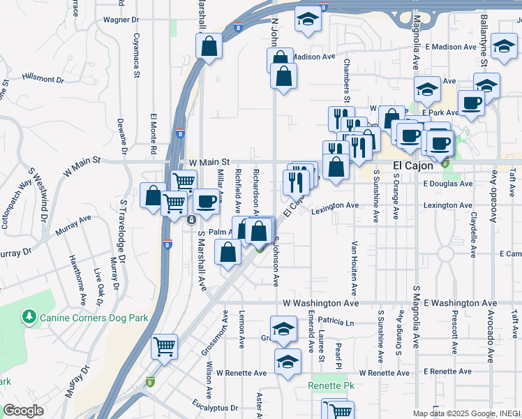 map of restaurants, bars, coffee shops, grocery stores, and more near 246 South Johnson Avenue in El Cajon