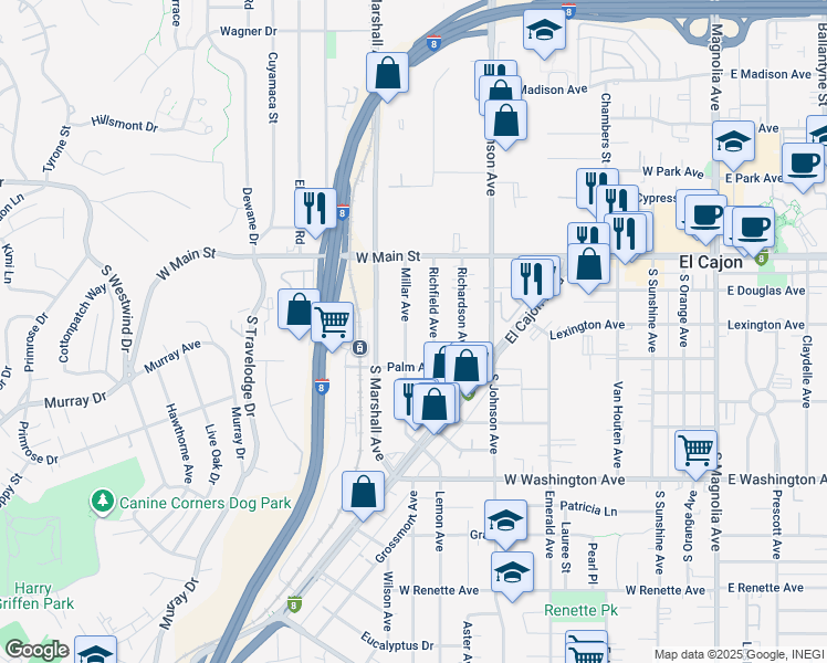 map of restaurants, bars, coffee shops, grocery stores, and more near 248 Millar Avenue in El Cajon
