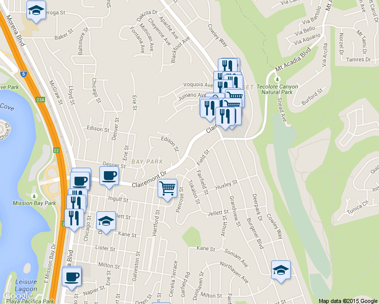 map of restaurants, bars, coffee shops, grocery stores, and more near in San Diego