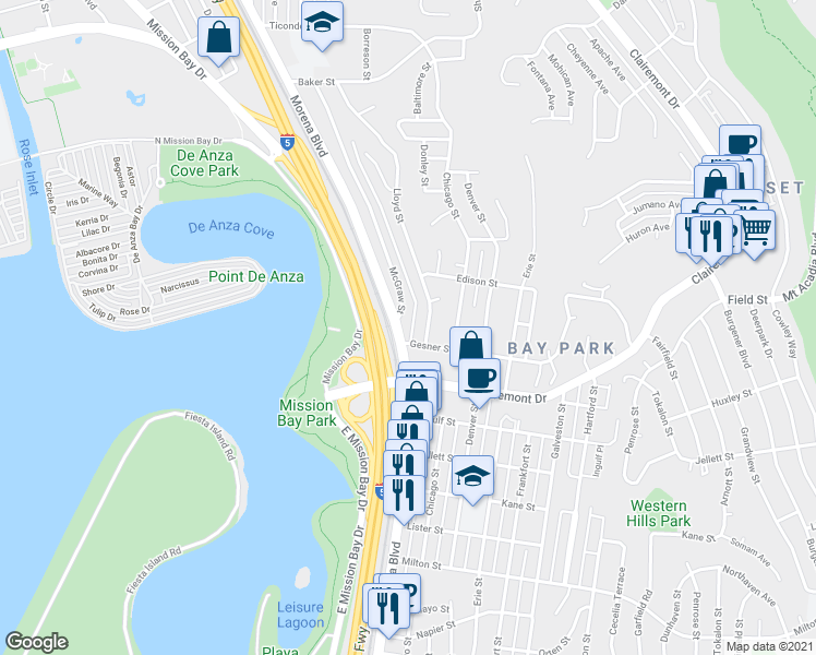 map of restaurants, bars, coffee shops, grocery stores, and more near 2870 Lloyd Street in San Diego