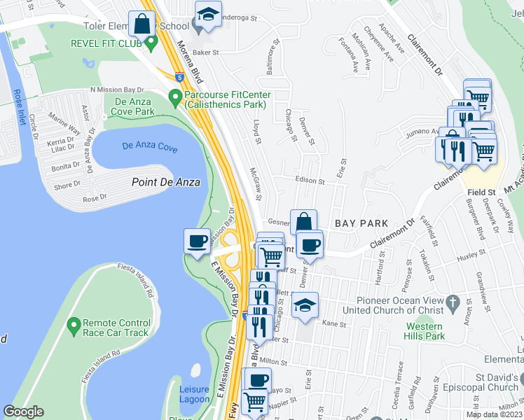 map of restaurants, bars, coffee shops, grocery stores, and more near 2870 Lloyd Street in San Diego