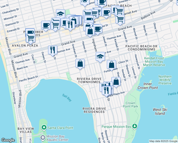 map of restaurants, bars, coffee shops, grocery stores, and more near 4065 Riviera Drive in San Diego