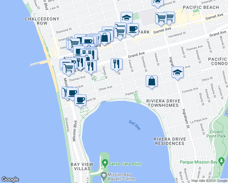 map of restaurants, bars, coffee shops, grocery stores, and more near 1147 Oliver Avenue in San Diego
