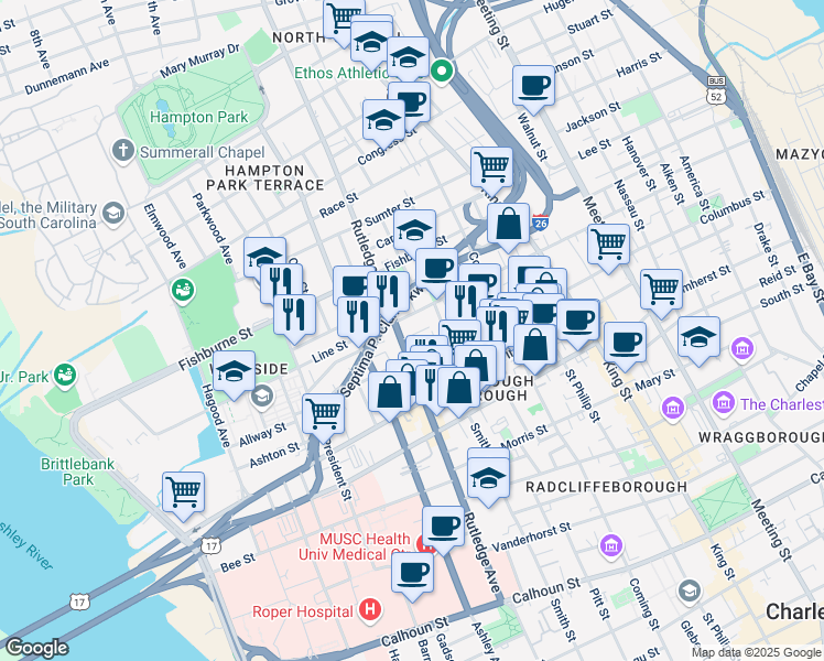 map of restaurants, bars, coffee shops, grocery stores, and more near 280 Rutledge Avenue in Charleston