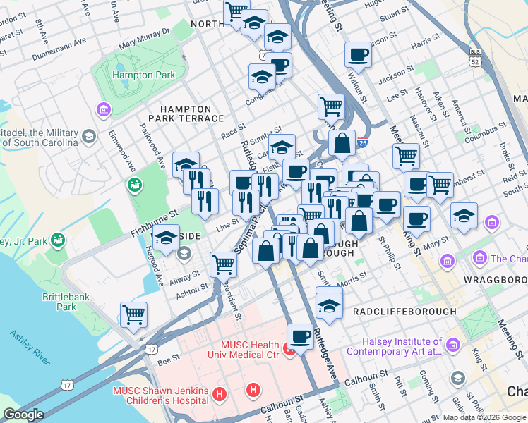 map of restaurants, bars, coffee shops, grocery stores, and more near 280 Rutledge Avenue in Charleston