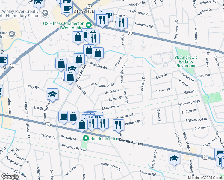 map of restaurants, bars, coffee shops, grocery stores, and more near 1607 West Robinhood Drive in Charleston