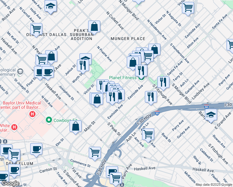 map of restaurants, bars, coffee shops, grocery stores, and more near in Dallas
