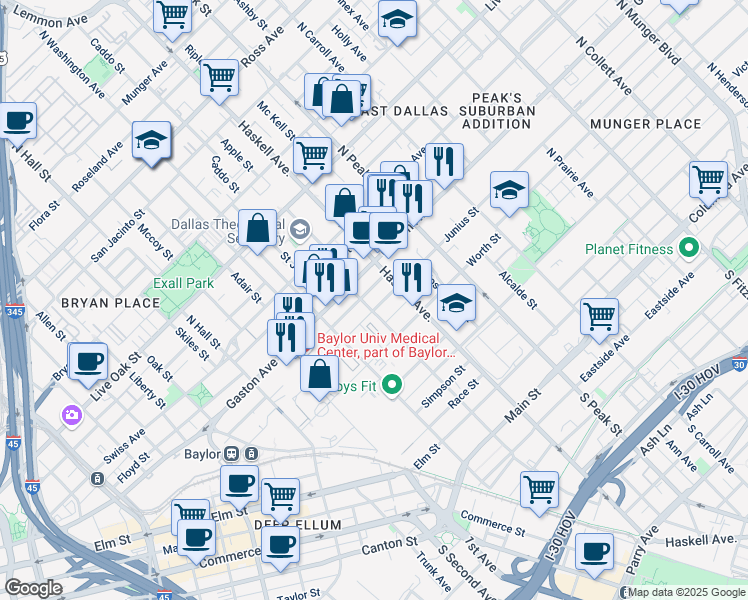 map of restaurants, bars, coffee shops, grocery stores, and more near 4010 Gaston Avenue in Dallas