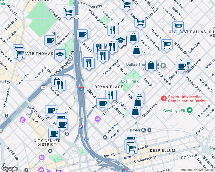 map of restaurants, bars, coffee shops, grocery stores, and more near 911 Pavillion Street in Dallas