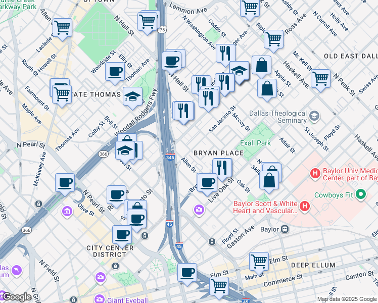 map of restaurants, bars, coffee shops, grocery stores, and more near 3104 San Jacinto Street in Dallas