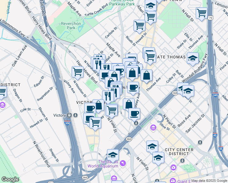 map of restaurants, bars, coffee shops, grocery stores, and more near 2600 North Harwood Street in Dallas