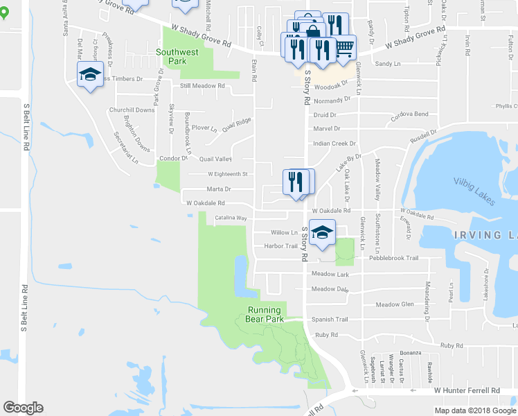 map of restaurants, bars, coffee shops, grocery stores, and more near 2520 Pecan Grove Court in Irving