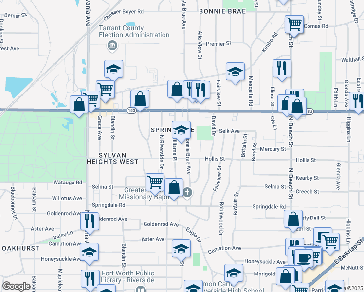 map of restaurants, bars, coffee shops, grocery stores, and more near 3207 Hollis Street in Fort Worth