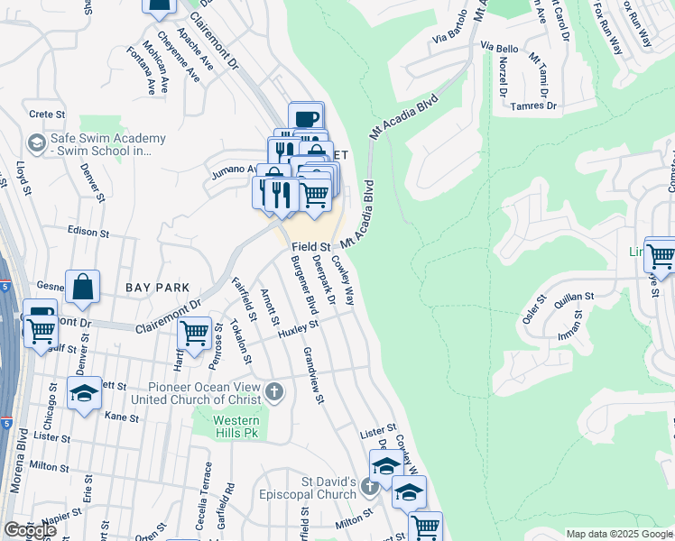 map of restaurants, bars, coffee shops, grocery stores, and more near 2802 Cowley Way in San Diego