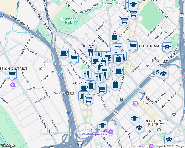 map of restaurants, bars, coffee shops, grocery stores, and more near 1855 Payne Street in Dallas