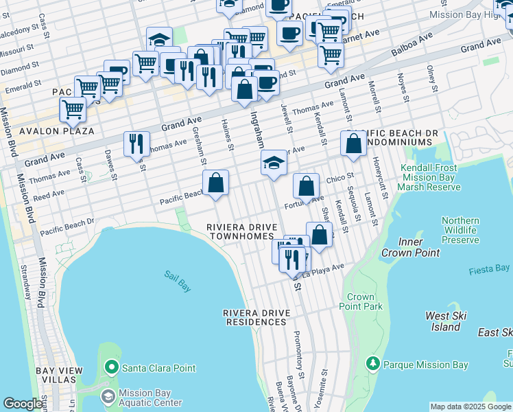map of restaurants, bars, coffee shops, grocery stores, and more near 4020 Promontory Street in San Diego