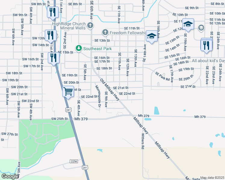 map of restaurants, bars, coffee shops, grocery stores, and more near 1100 Southeast 22nd Street in Mineral Wells