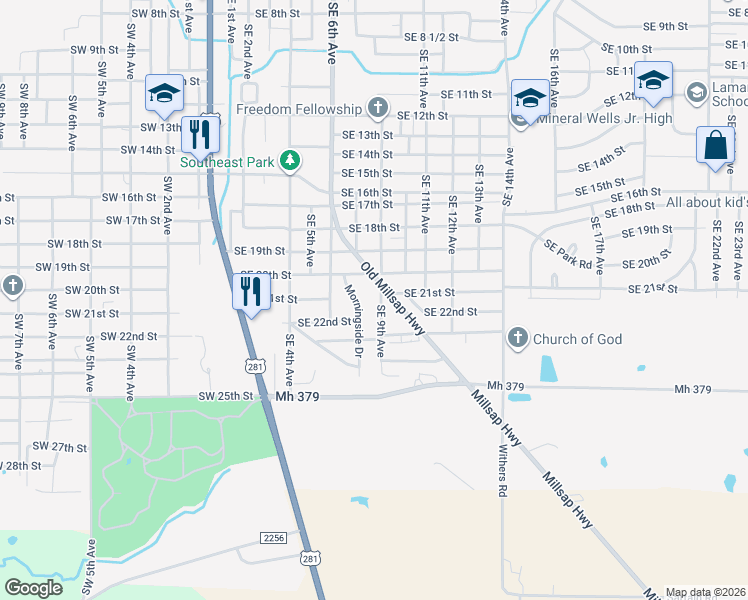 map of restaurants, bars, coffee shops, grocery stores, and more near 2204 Southeast 9th Avenue in Mineral Wells