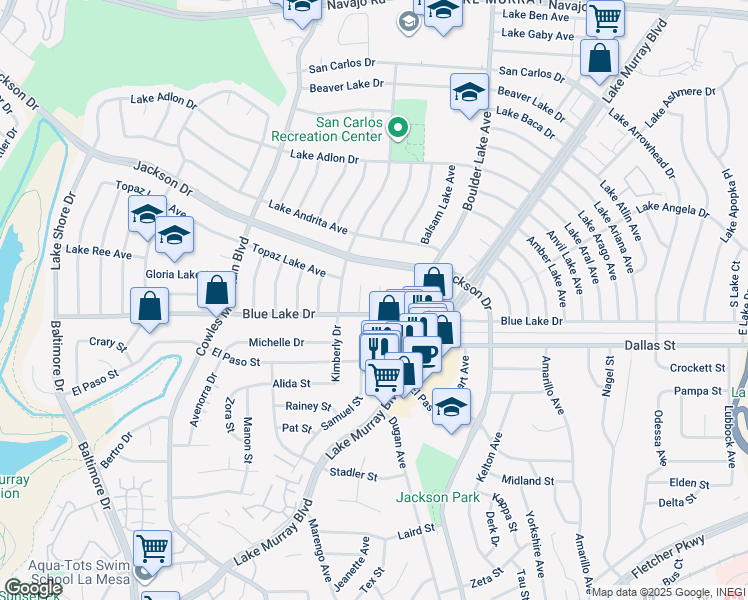 map of restaurants, bars, coffee shops, grocery stores, and more near 6224 Rose Lake Avenue in San Diego
