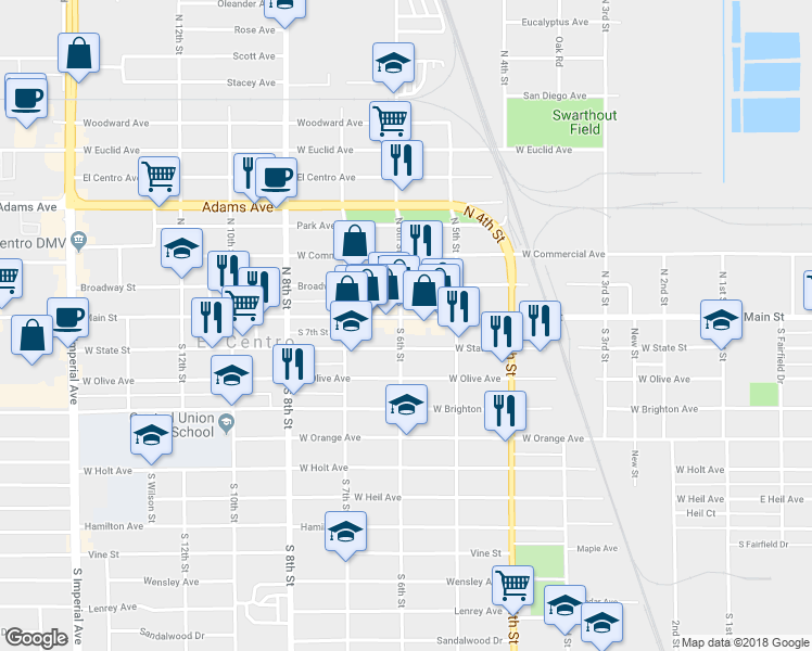 map of restaurants, bars, coffee shops, grocery stores, and more near 591 West Main Street in El Centro