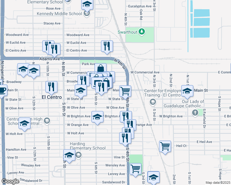 map of restaurants, bars, coffee shops, grocery stores, and more near 471 Main Street in El Centro