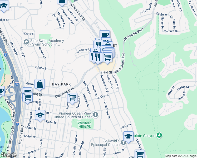 map of restaurants, bars, coffee shops, grocery stores, and more near 2851 Grandview Street in San Diego