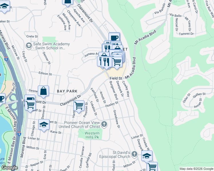 map of restaurants, bars, coffee shops, grocery stores, and more near 2851 Grandview Street in San Diego