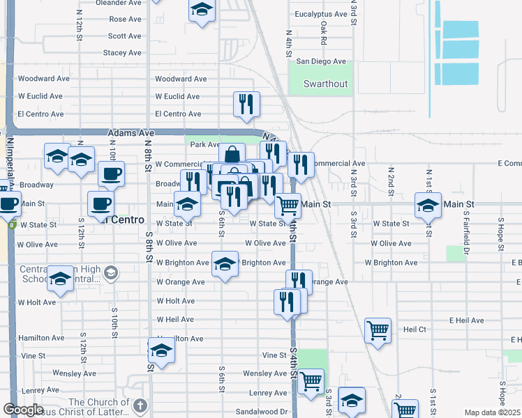 map of restaurants, bars, coffee shops, grocery stores, and more near 454 Main Street in El Centro