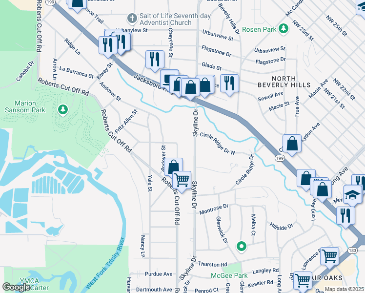 map of restaurants, bars, coffee shops, grocery stores, and more near 2126 Castleberry Cut-Off Road in Fort Worth