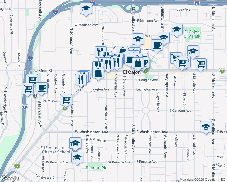 map of restaurants, bars, coffee shops, grocery stores, and more near 333 W Lexington Ave in El Cajon
