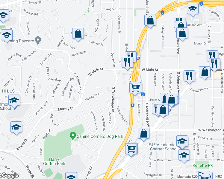 map of restaurants, bars, coffee shops, grocery stores, and more near 306 South Travelodge Drive in El Cajon