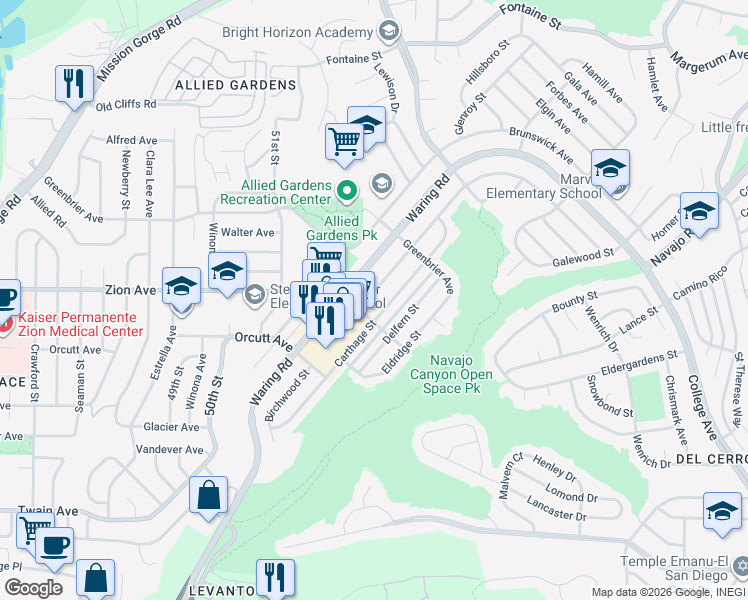 map of restaurants, bars, coffee shops, grocery stores, and more near 6631 Birchwood Street in San Diego