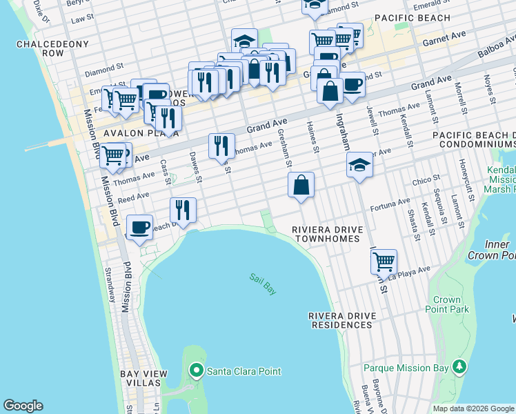 map of restaurants, bars, coffee shops, grocery stores, and more near 1254 Parker Place in San Diego