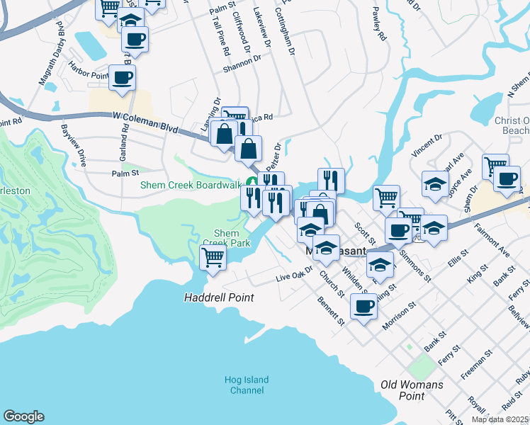 map of restaurants, bars, coffee shops, grocery stores, and more near 1401 Shrimp Boat Lane in Mount Pleasant