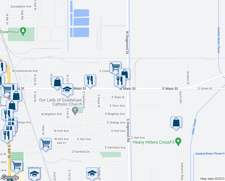 map of restaurants, bars, coffee shops, grocery stores, and more near 397 East Main Street in El Centro