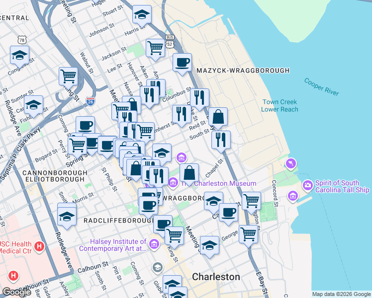 map of restaurants, bars, coffee shops, grocery stores, and more near 37 South Street in Charleston