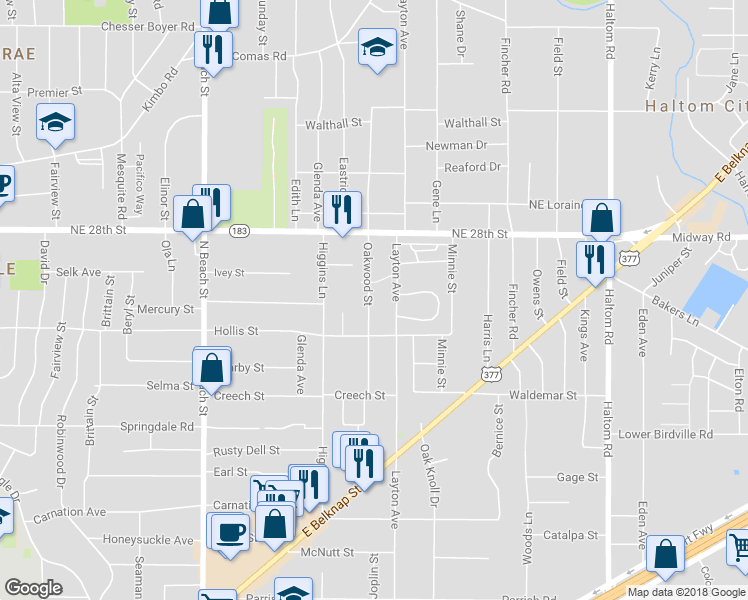 map of restaurants, bars, coffee shops, grocery stores, and more near 2014 Oakwood Street in Fort Worth