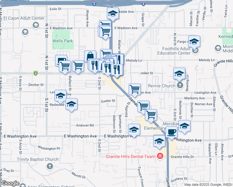 map of restaurants, bars, coffee shops, grocery stores, and more near in El Cajon
