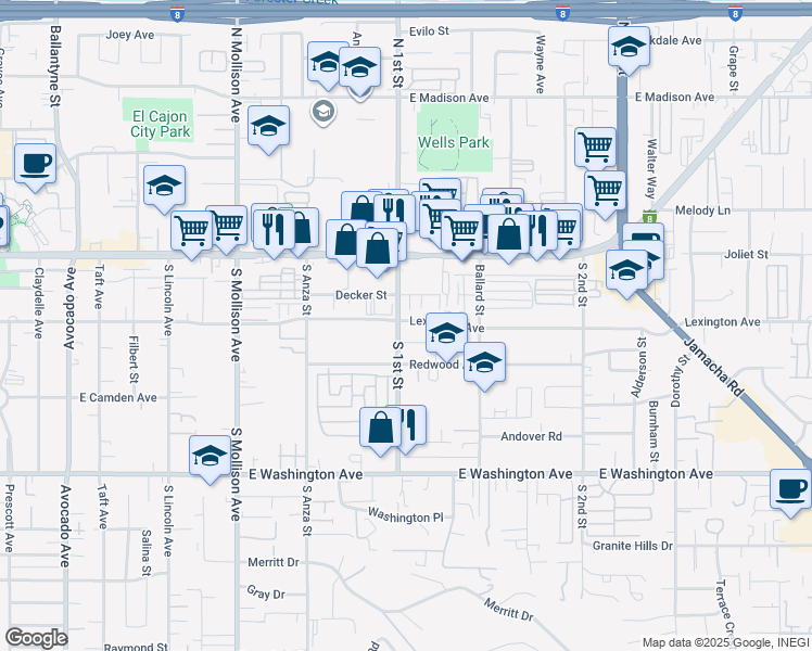 map of restaurants, bars, coffee shops, grocery stores, and more near 1100 Lexington Avenue in El Cajon