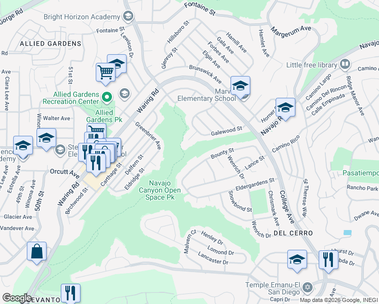 map of restaurants, bars, coffee shops, grocery stores, and more near in San Diego