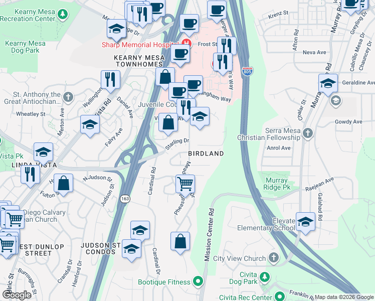 map of restaurants, bars, coffee shops, grocery stores, and more near 2772 Meadow Lark Drive in San Diego