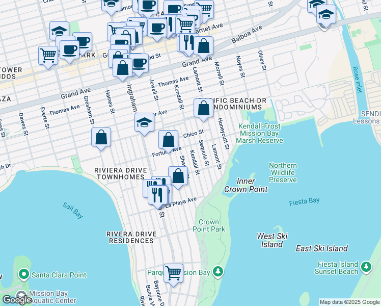 map of restaurants, bars, coffee shops, grocery stores, and more near 1787 Fortuna Avenue in San Diego
