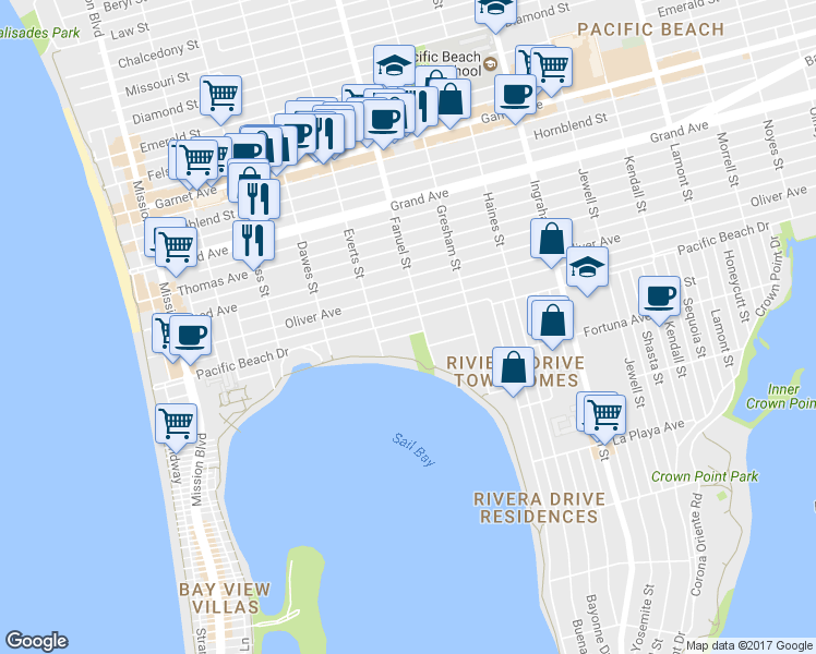 map of restaurants, bars, coffee shops, grocery stores, and more near 1311 Pacific Beach Drive in San Diego