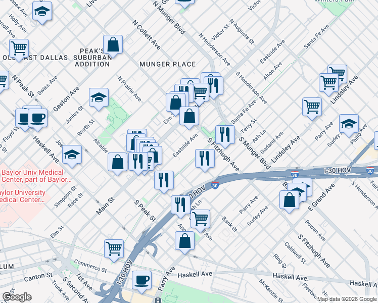 map of restaurants, bars, coffee shops, grocery stores, and more near 178 South Prairie Avenue in Dallas