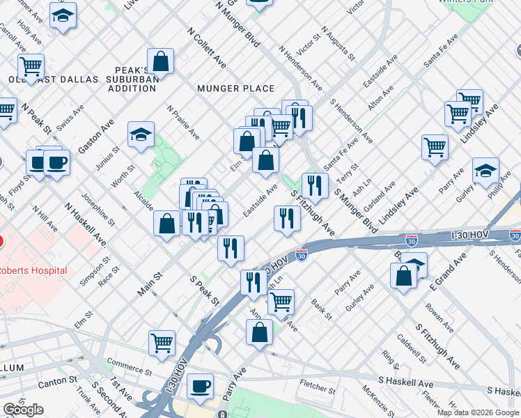map of restaurants, bars, coffee shops, grocery stores, and more near 178 South Prairie Avenue in Dallas