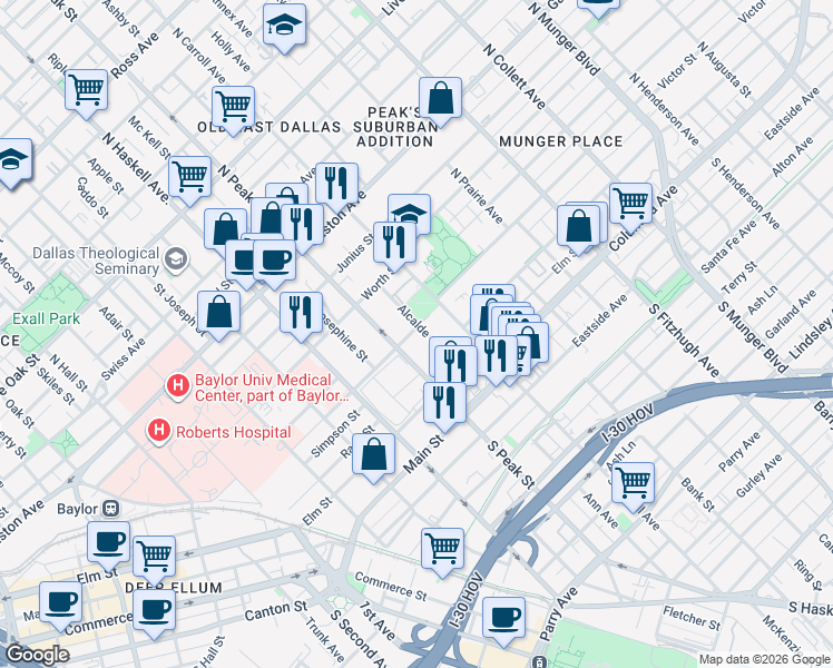map of restaurants, bars, coffee shops, grocery stores, and more near 401 Alcalde Street in Dallas