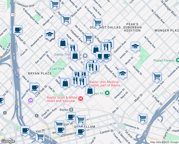 map of restaurants, bars, coffee shops, grocery stores, and more near 1004 North Washington Avenue in Dallas