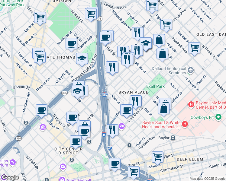 map of restaurants, bars, coffee shops, grocery stores, and more near 3104 San Jacinto Street in Dallas