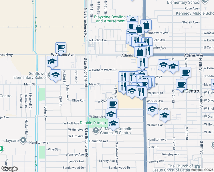 map of restaurants, bars, coffee shops, grocery stores, and more near 1767 Main Street in El Centro