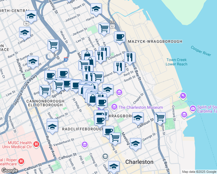 map of restaurants, bars, coffee shops, grocery stores, and more near 62 South Street in Charleston